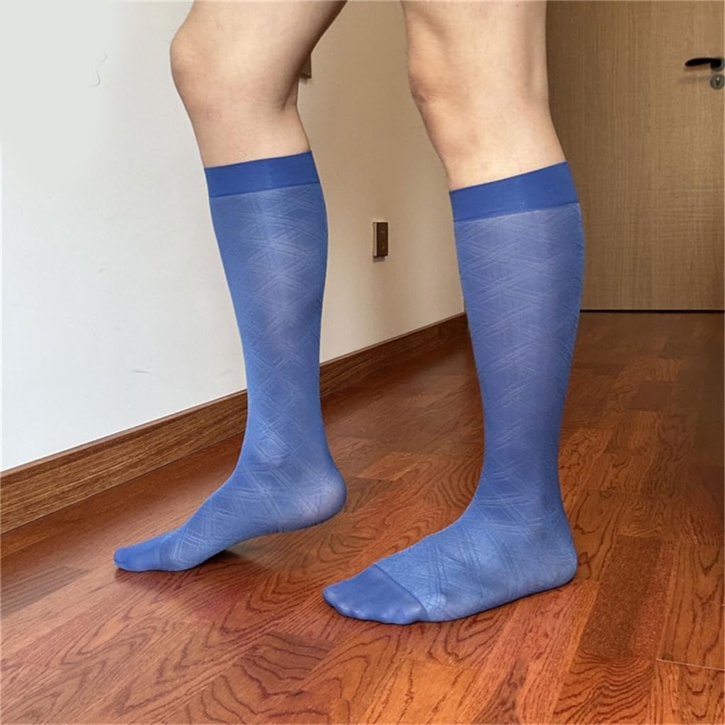 Men's Thin Sheer Nylon Dress Socks Elegant Argyle Pattern Middle Calf Socks for Business Suit and Formal