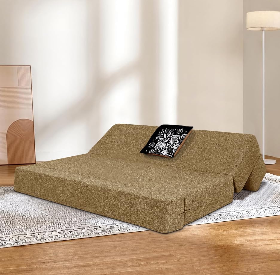 Image of Rosebell One Seater Sofa Cum Bed | Jute Fabric Washable Cover | with Cushions Perfect for Guest | Golden-Color | 3' X 6' Feet