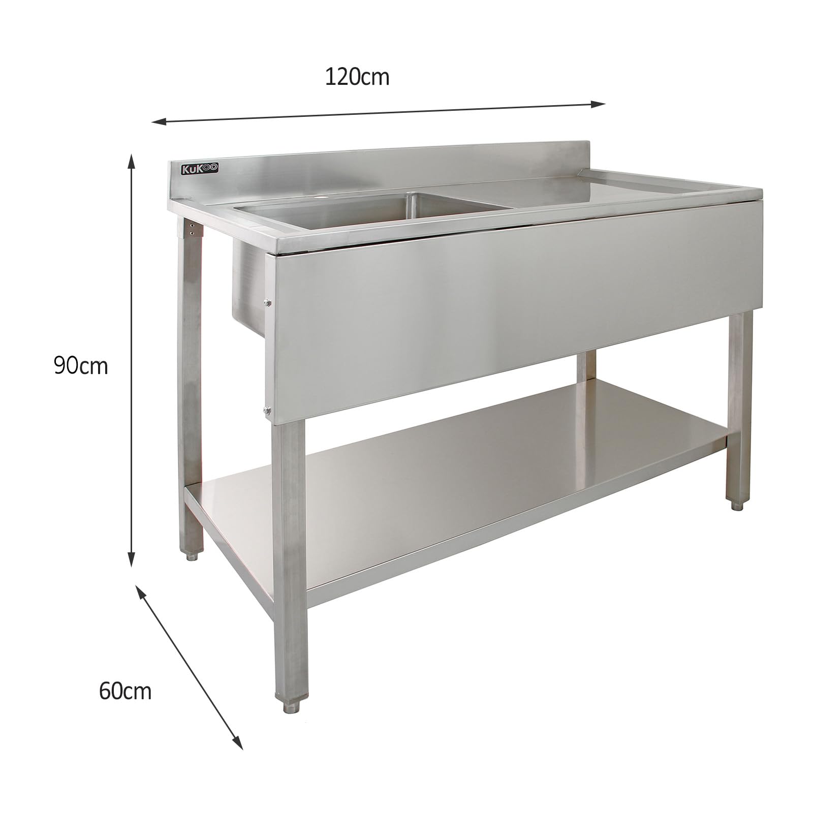 KuKoo Fregadero de Cocina 1 Seno Acero Inox(90x120x60cm)Escurridor Derecha Lavabo Comercial Profesional Restauración Gastronomía con Pies Ajustables,Protector contra Salpicaduras+Tapón Colador GRATIS