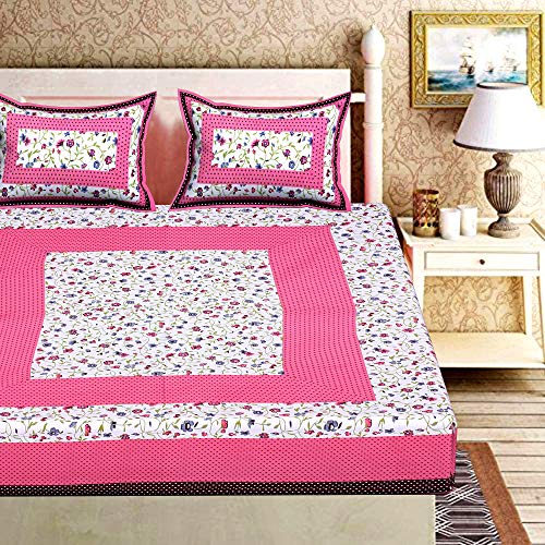 Image of RajasthaniKart Pure 100% Cotton Double Bed Sheet with 2 Pillow Covers (Bedsheet for Double Bed Cotton, Pink Bindiya Jaipuri, King Size,5218)