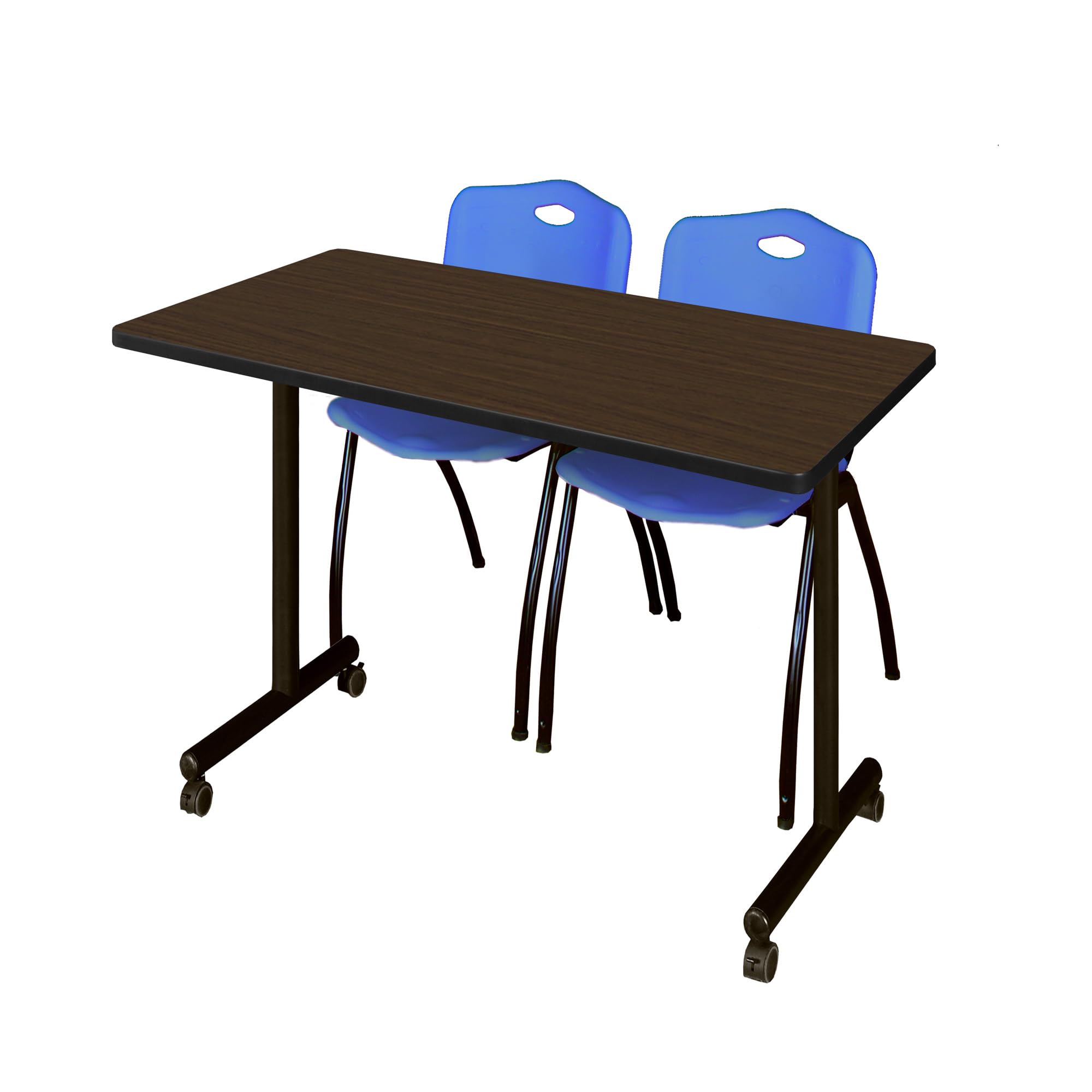 Romig Axis-Pro 48 x 24 in. Mobile T-Base Training Table- Neo Walnut, 2 M Stack Chairs- Blue