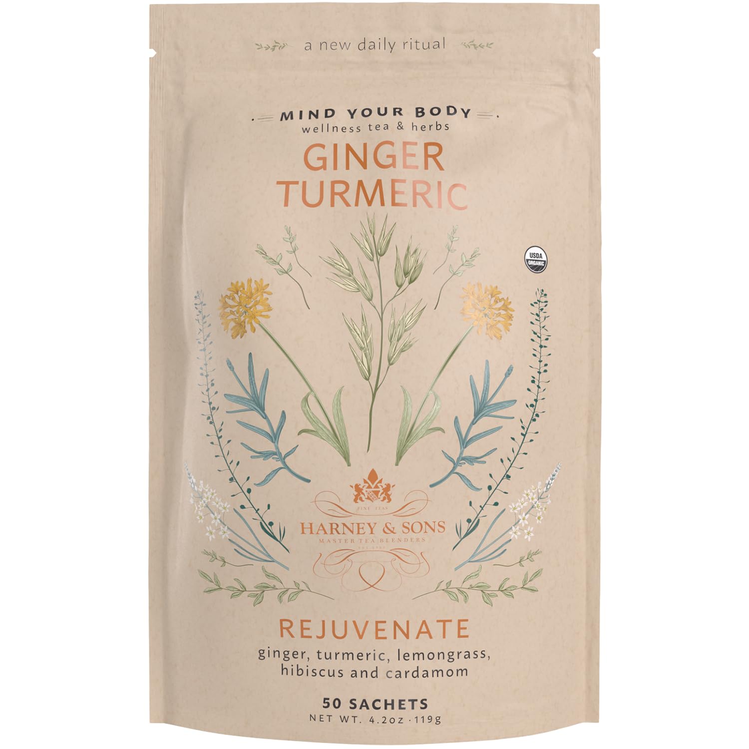 Harney & Sons Ginger Turmeric - Bag of 50 Sachets with Apple, Ginger, Lemongrass, and Hibiscus