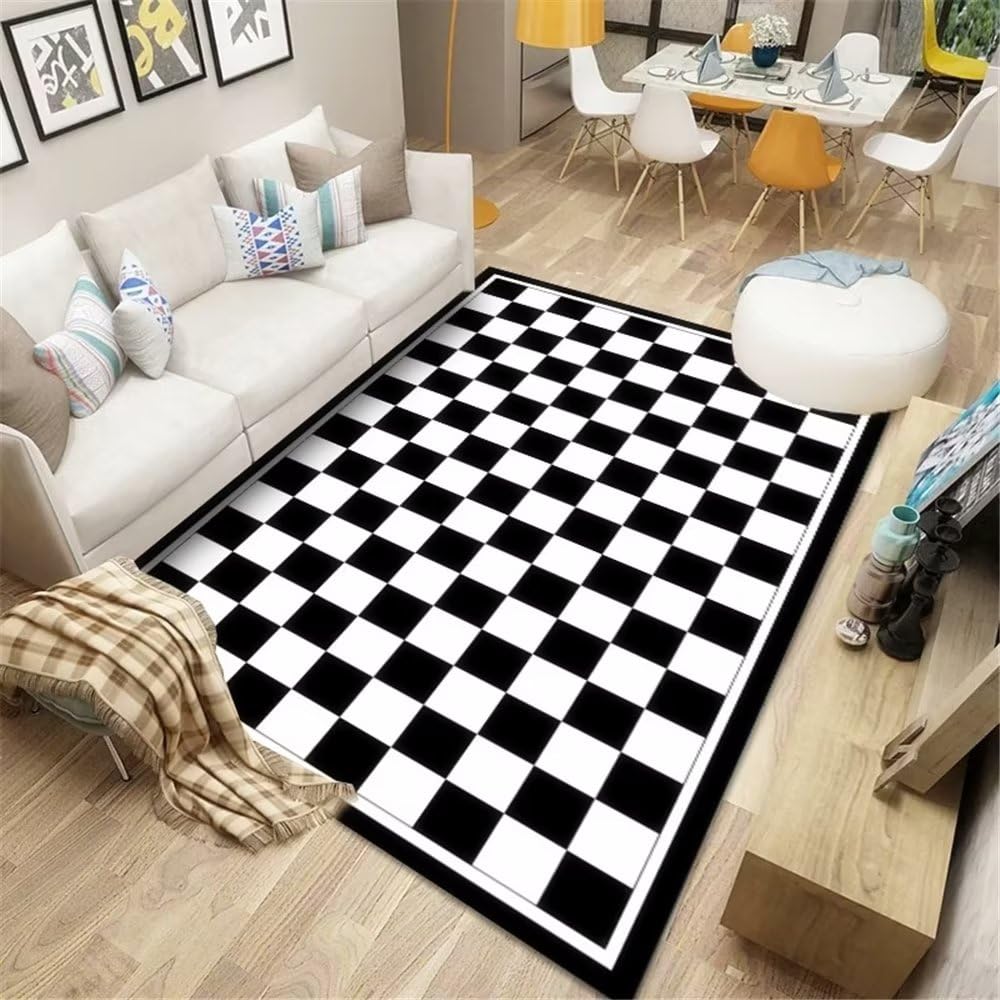 Tapis de salon lavable résistant aux taches noir motif grille 140x200