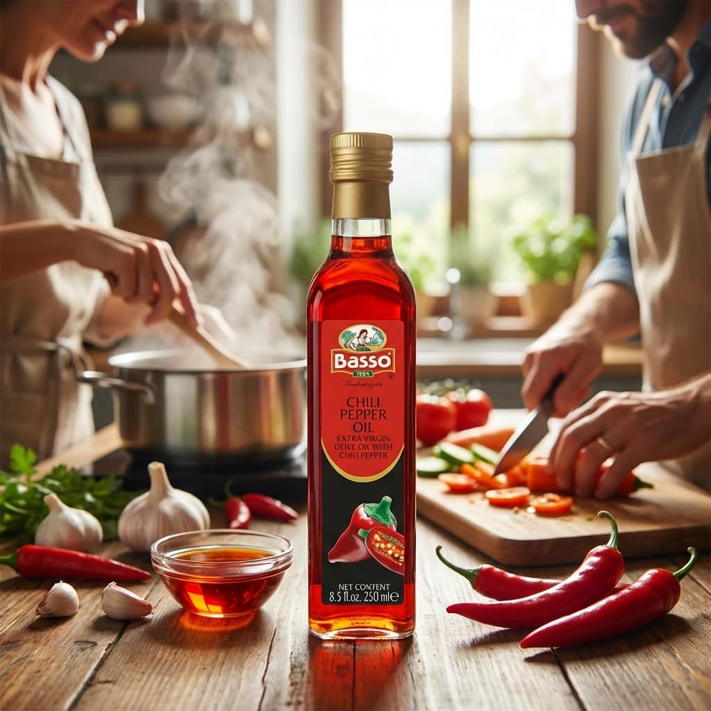 BASSO 1904 - Spicy Chili Oil, Infused Premium Extra Virgin Olive Oil, 8.5 Fl Oz (250 ml), Drizzle, Cooking, Dipping, Dressing, and Tasting. Product of Italy