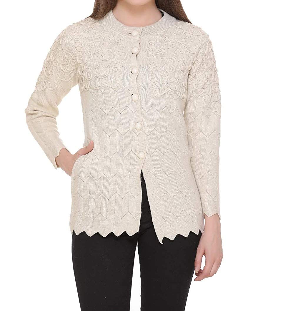 Women's Woolen V-Neck Cardigan - Printed Heavy Front Kadai Daffodil Fabric Winter Wear Pure Wool Cardigan for Women - Free Size Long Cotty Fully Warm (Beige, XS)