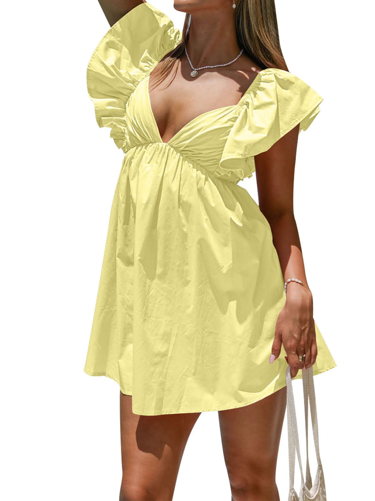 Womens Spring Summer V Neck Knot Back Causal Strap Short Flowy Swing Mini Dress