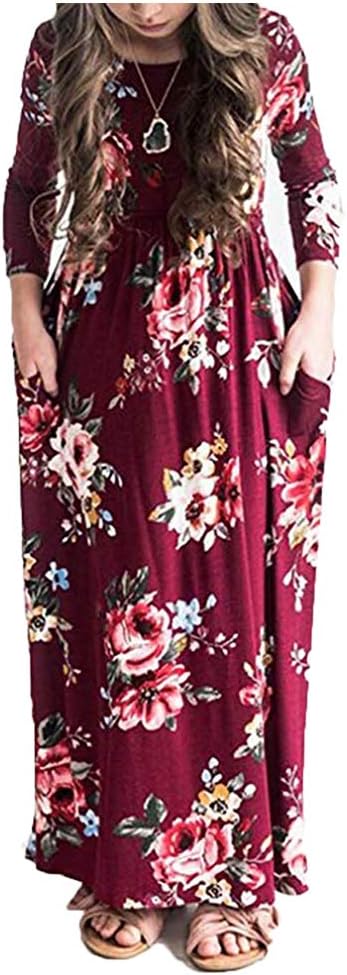 Girls Floral Maxi Dress, Flower Printed Short Sleeves Dress with Pockets Summer Long Holiday Dress - Image 2