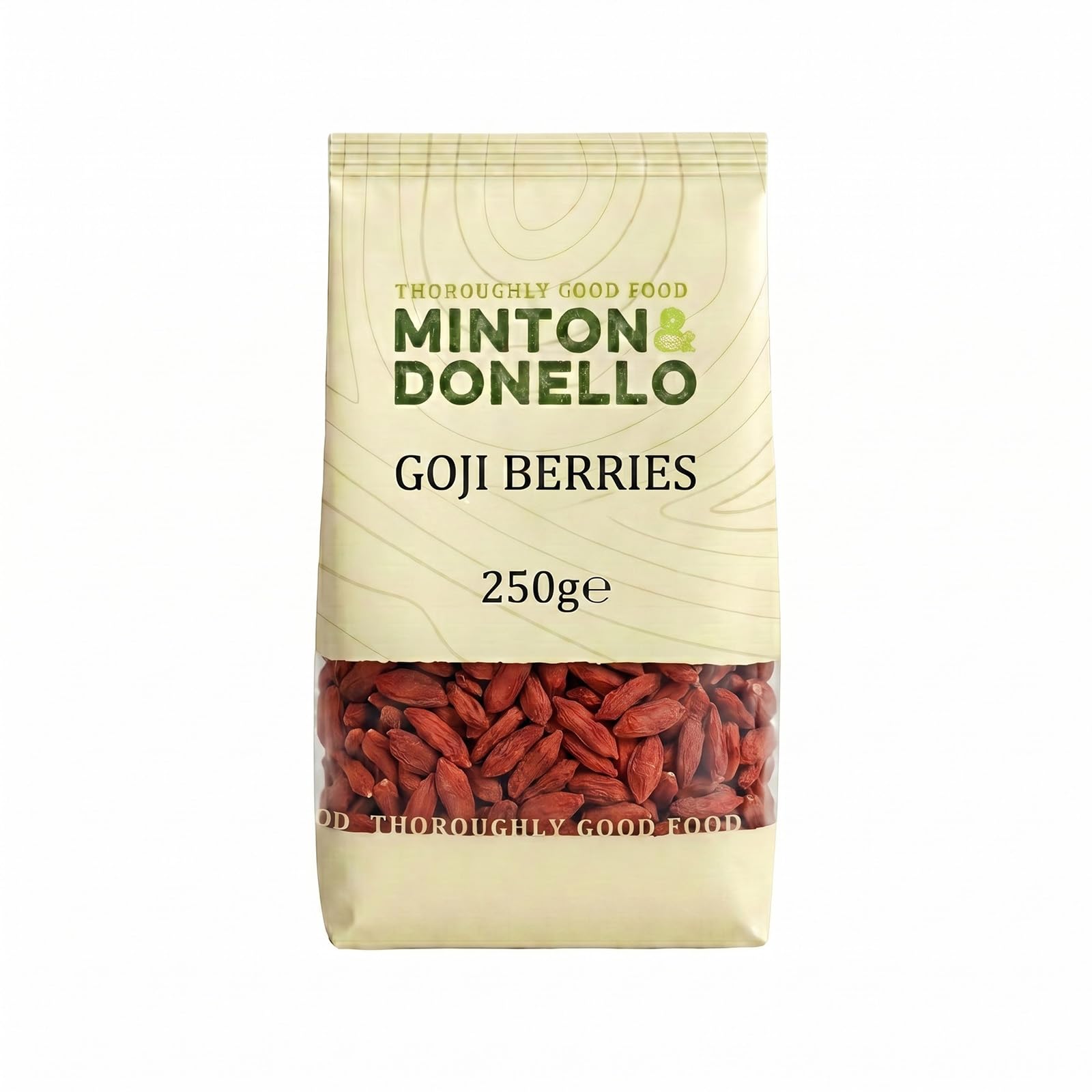 Minton & Donello Goji Berries 250g Pack - Natural Dried Fruit, Use For Snacking, Baking, Breakfast Bowls & Recipe Mixing, Chewy Texture, Sweet Fruity Flavour, High Fibre, Pantry Staple