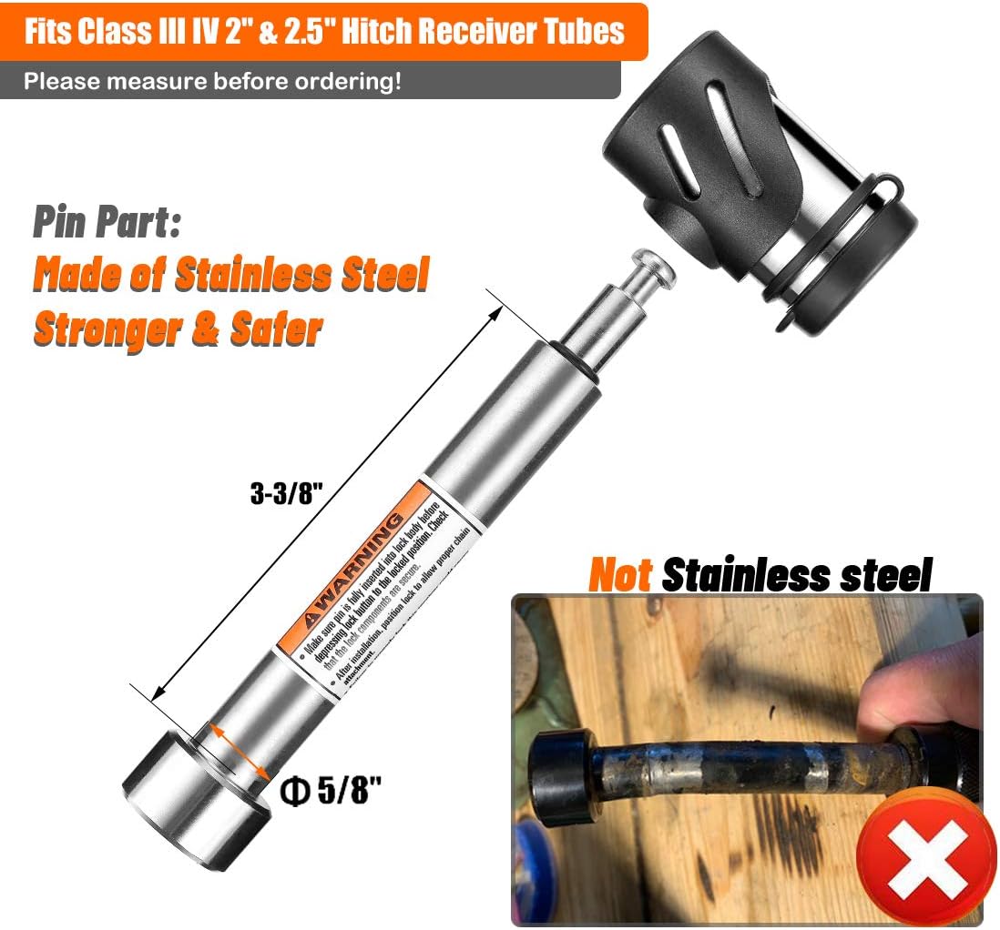 Diagram showing the 5/8 inch pin diameter and 3-3/8 inch effective length, with a warning about measuring before ordering.