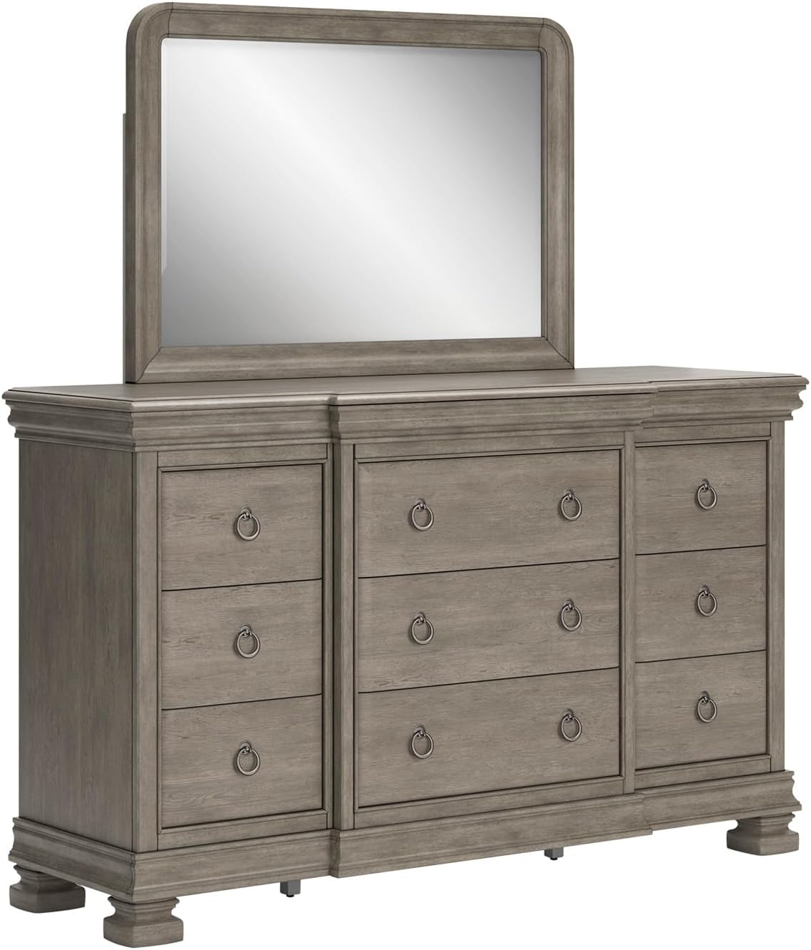 Signature Design by Ashley Lexorne Traditional 9-Drawer Dresser and Mirror with Felt-Lined Top Drawers and Safety Stop, Light Brown
