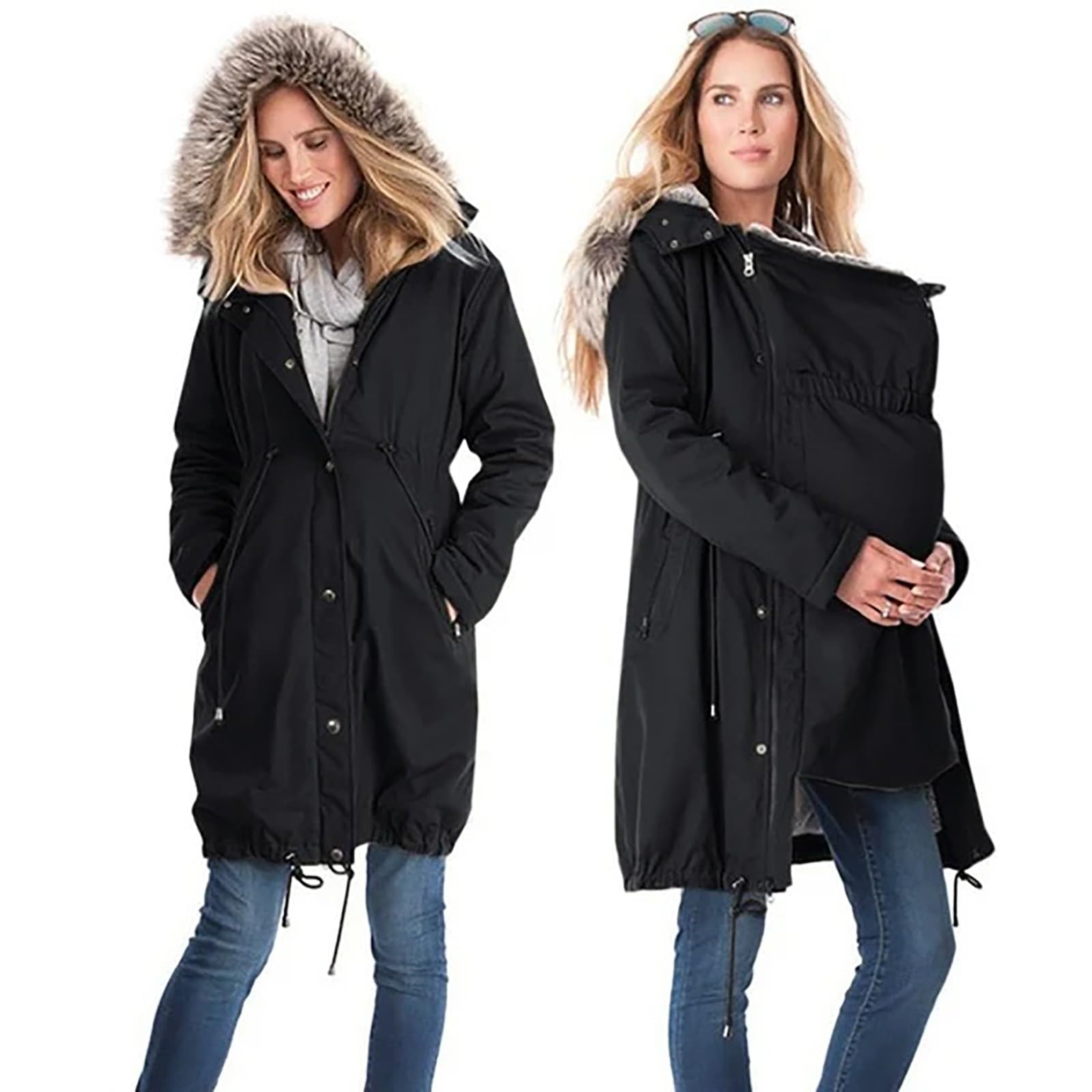 Giacca invernale calda in cotone per donna, con chiusura lampo completa, con colletto in pelliccia, giacca invernale da donna, giacca premaman con inserto per bambino, oversize, calda