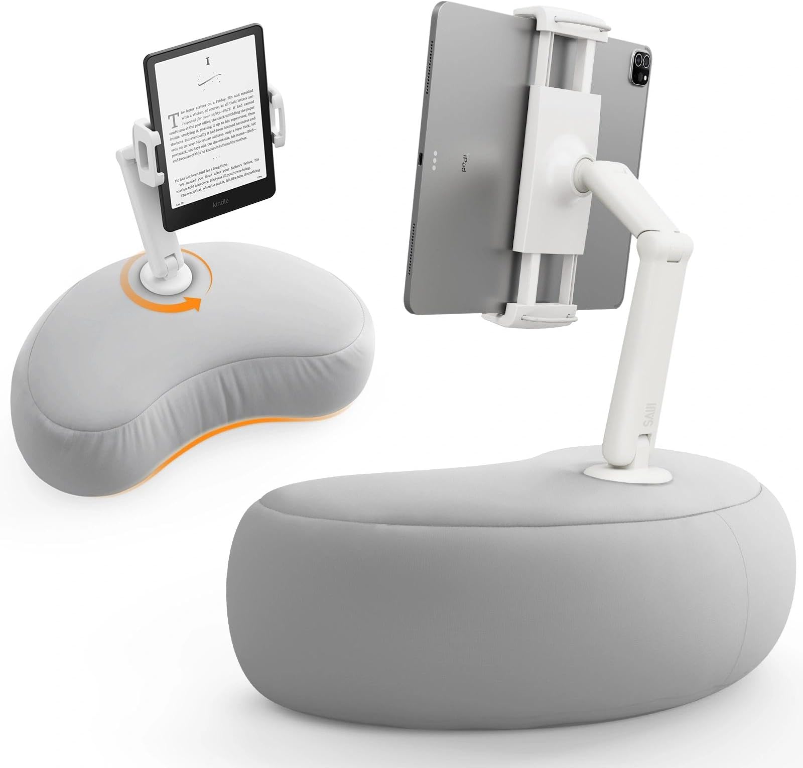 Tablet Pillow Stand for Bed – iPad & Kindle Holder with Flexible Dual Axis Arm & Microbead Cushion, 360° Adjustable Lap Beanbag Phone Holder Fits Devices with 4.7"–15.6" Screens (Gray)