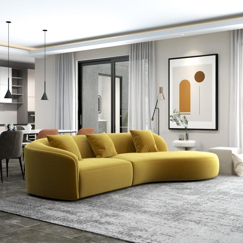 Image of 110.24 inch Modern Futuristic J- Style Curved Velvet Sofa, Sectional Sofa Round Arm with Soft Pillow for Living Room, Bedroom, Hallways (Yellow)
