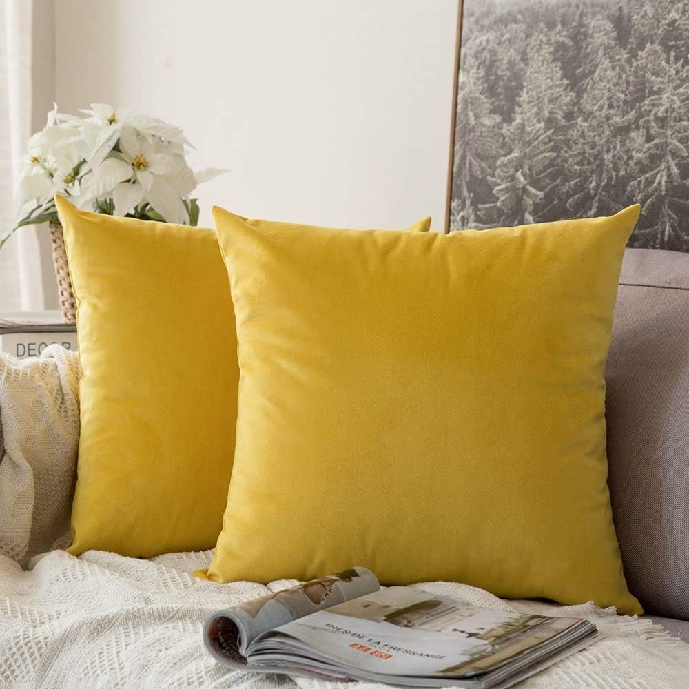MIULEE Velvet Throw Pillow Covers 18x18 Inch, Pack of 2 - Lemon Yellow, Soft Solid Decorative Pillow Covers Cushion Cases Modern Luxury Home Decor for Spring Couch Sofa Bedroom Livingroom