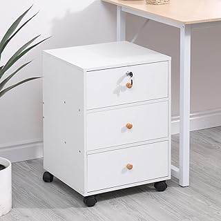 Ansley&HosHo Mobile File Cabinet with 3 Drawers, Slim File Cabinet Bedside Drawer Unit, Under Desk Rolling Storage Cabinet, Lockable Wooden Filing Cabinet, Home Office Printer Table on Wheels, White