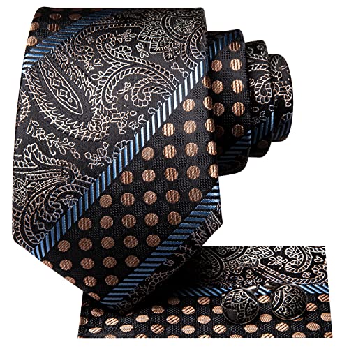 Image of Hi-Tie Paisley Floral Ties Set for Men Silk Mens Stripes Necktie Pocket Square Cufflinks Set Formal Business