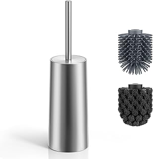 Toilettenbürsten/Klobürste-Set mit 304 Edelstahlhalter – 2 Aufsätzen (Silikon + Borsten) für Tiefenreinigung unter dem Rand, kompakt & freistehend im Modernen Design (Gebürstetes Silber)