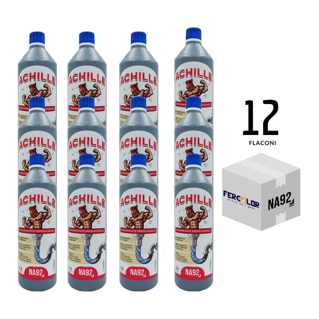 ACHILLE Disgorgante Disotturante Liquido Professionale Per Tubi e Scarichi WC Bagno, Cucina, Doccia e Vasca, Non danneggia le Tubature. NA92 ML 1000ML (Confezione da 12 PZ)