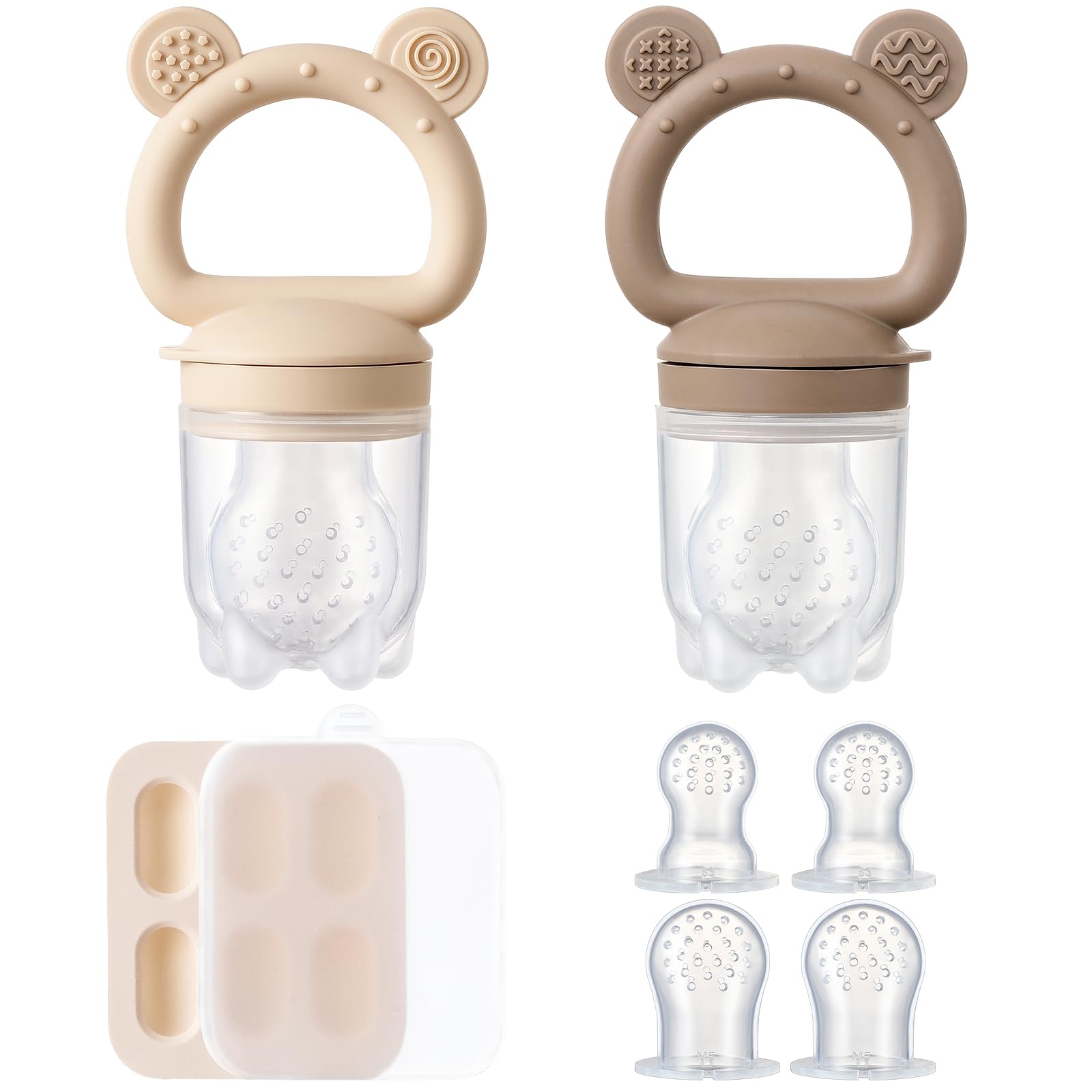 2 Pack Silicone Baby Fruit Feeder with Mini Freezer Tray, Breastmilk Popsicle Molds for Baby Teething Relief, Teethers, Fresh Food Feeder for Safe Infant Self Feeding, Extra Food Pouches - Chocolate Brown