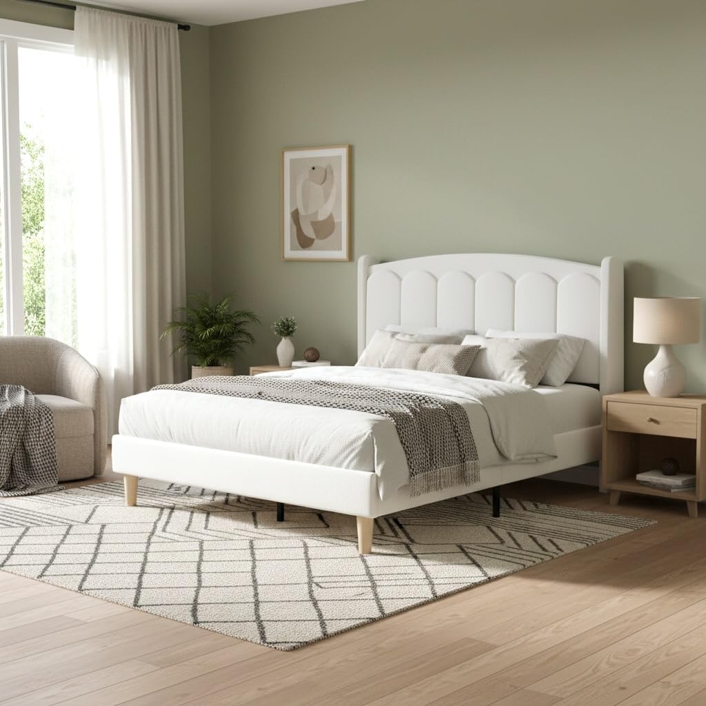 Queen Bed Frame with Headboard and LED/Velvet Upholstered Platform Bed Frame Queen Size with Adjustable Vertical Channel Tufted Headboard/Strong Wooden Slats/Box Spring Optional/Easy Assembly/White