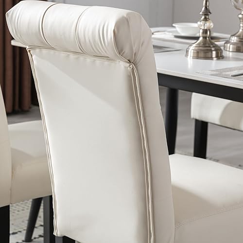 Miniatura 6 de Juego de 4 sillas de comedor de cuero PU, sillas de cocina tapizadas estilo granja, sillas de acento modernas, sillas laterales Parsons de madera