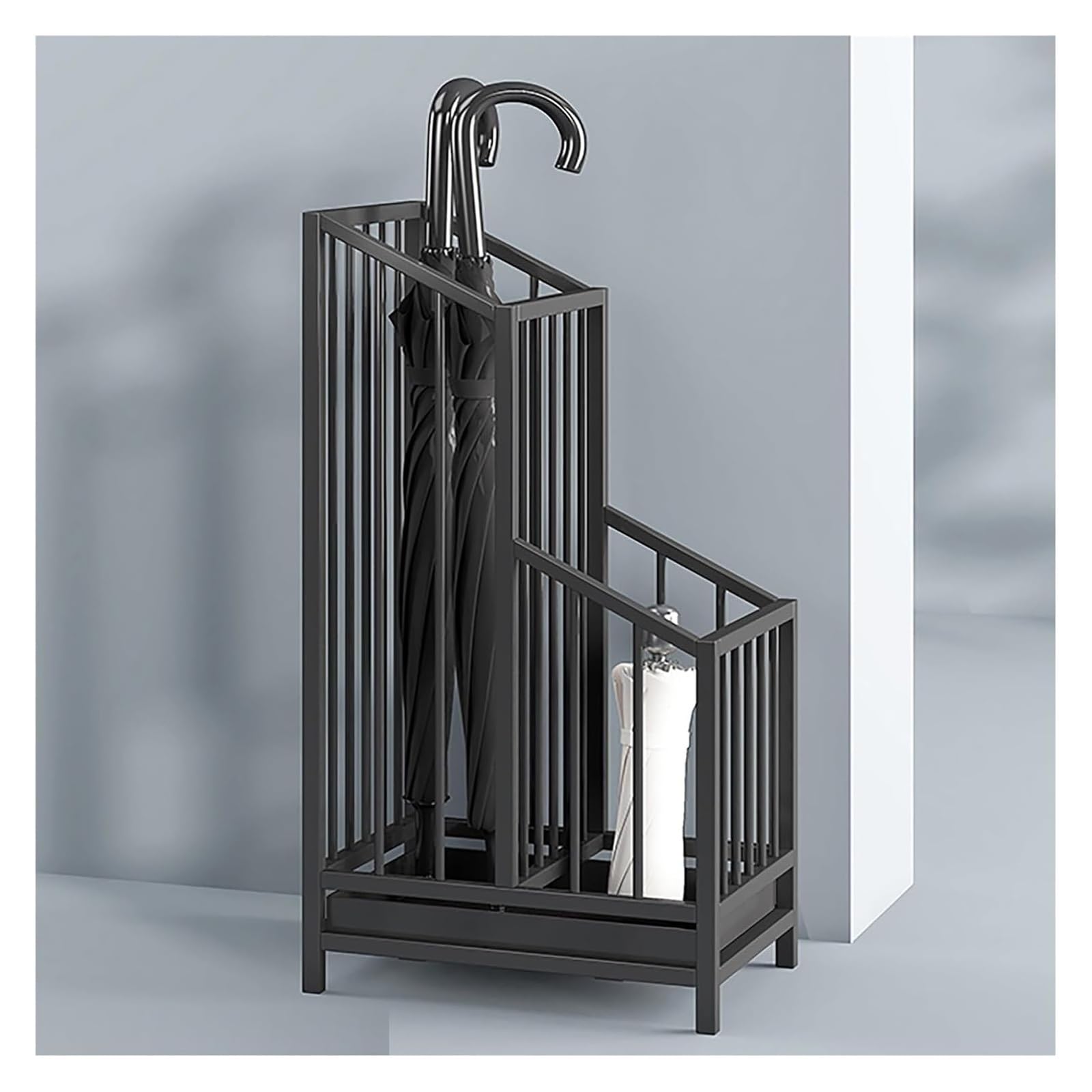 FCXWEVR Metal Umbrella Stand Rack with Drip Tray Freestanding Holder for Entryway Hallway Office & Home Modern for Walking Sticks & Canes Black Color