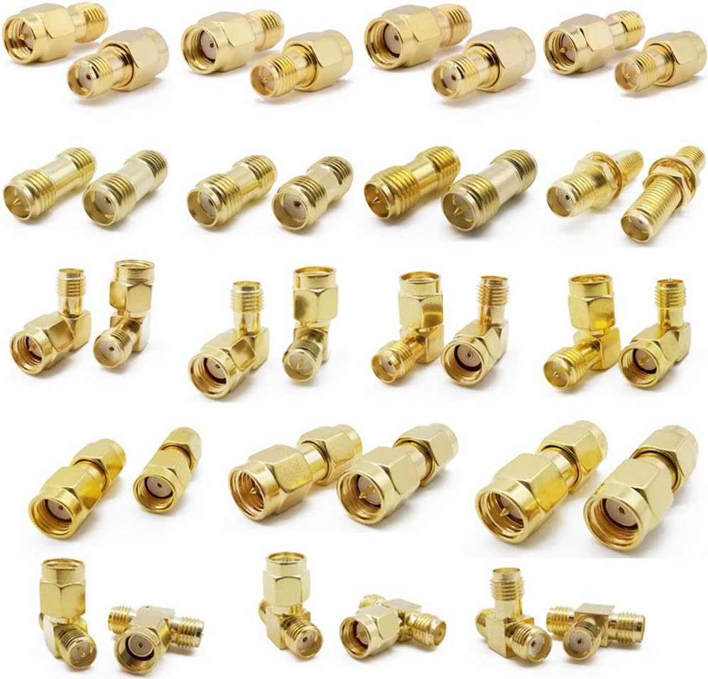 SMA Connectors Kit - 18 Type RP-SMA Adapter Plug and Jack Straight and 90° Connector Goldplated Brass RF Coax Connectivity Set for FPV Antennas Radio Baofeng Yaesu IP Camera Project