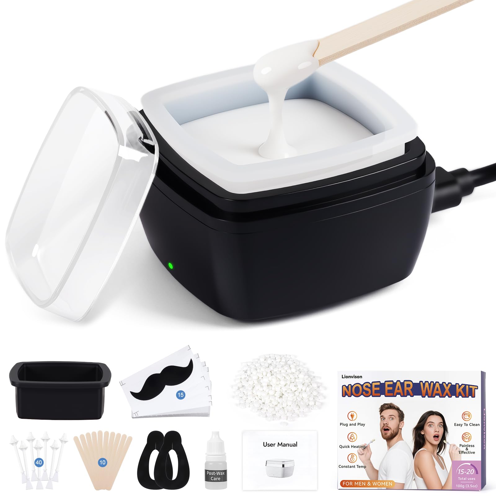 LIONVISON Mens Nose Wax Removal Painless Hair Removal for Nose and Ears - with 100g Wax 40 Nose
