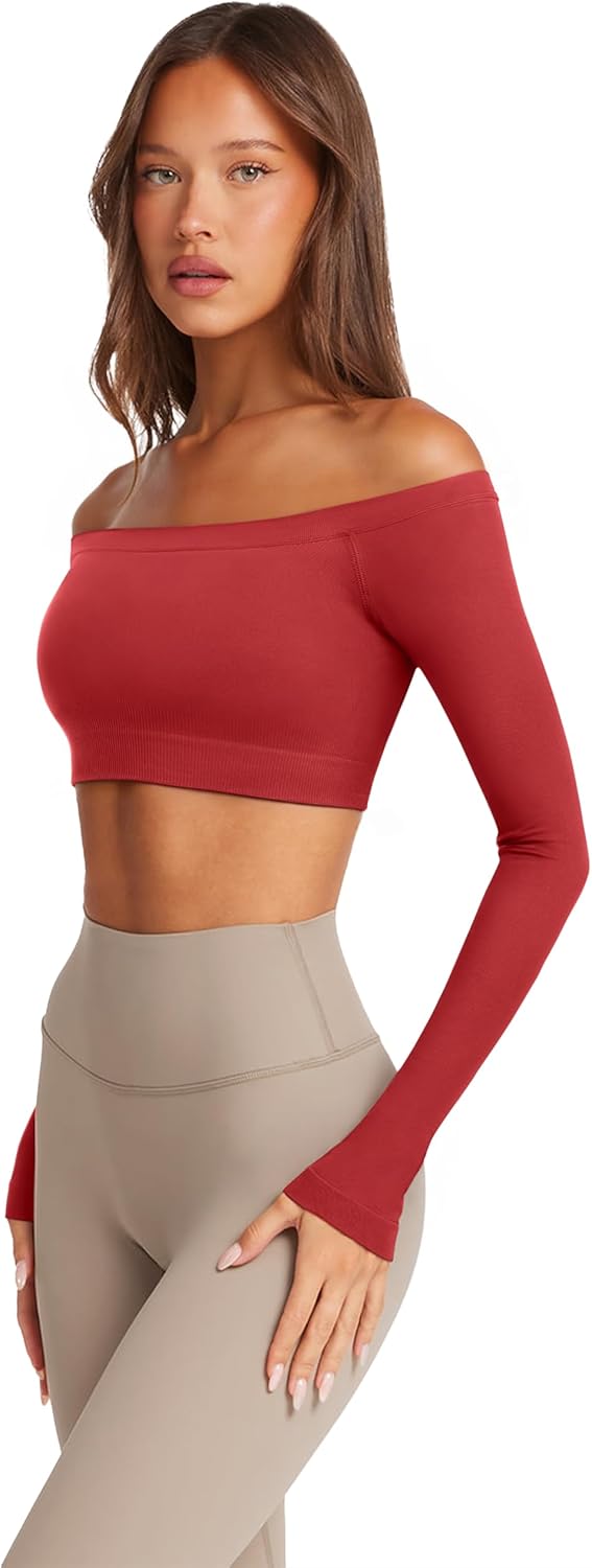 LASLULU Womens Off The Shoulder Tops Seamless Long Sleeve Workout Crop Top Sexy Gym Yoga Going Out Tops Shirts - Image 2