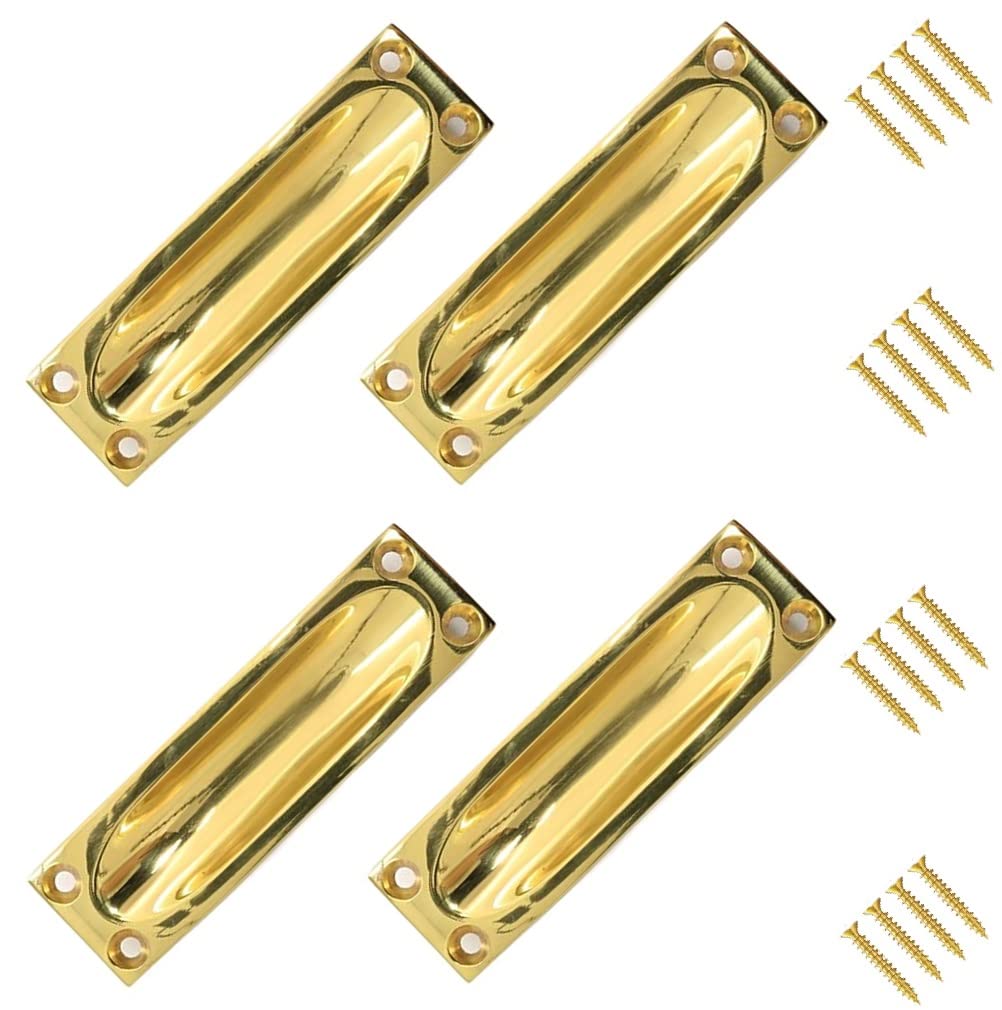Terf Terf® Traditional Vintage Polished Brass Flush Pull Door Handle 90Mm Sliding Door Flush Handle With Fixing Screw For Drawer Cabinet Wardrobe Sliding Door And Multi Use - Pack Of 4