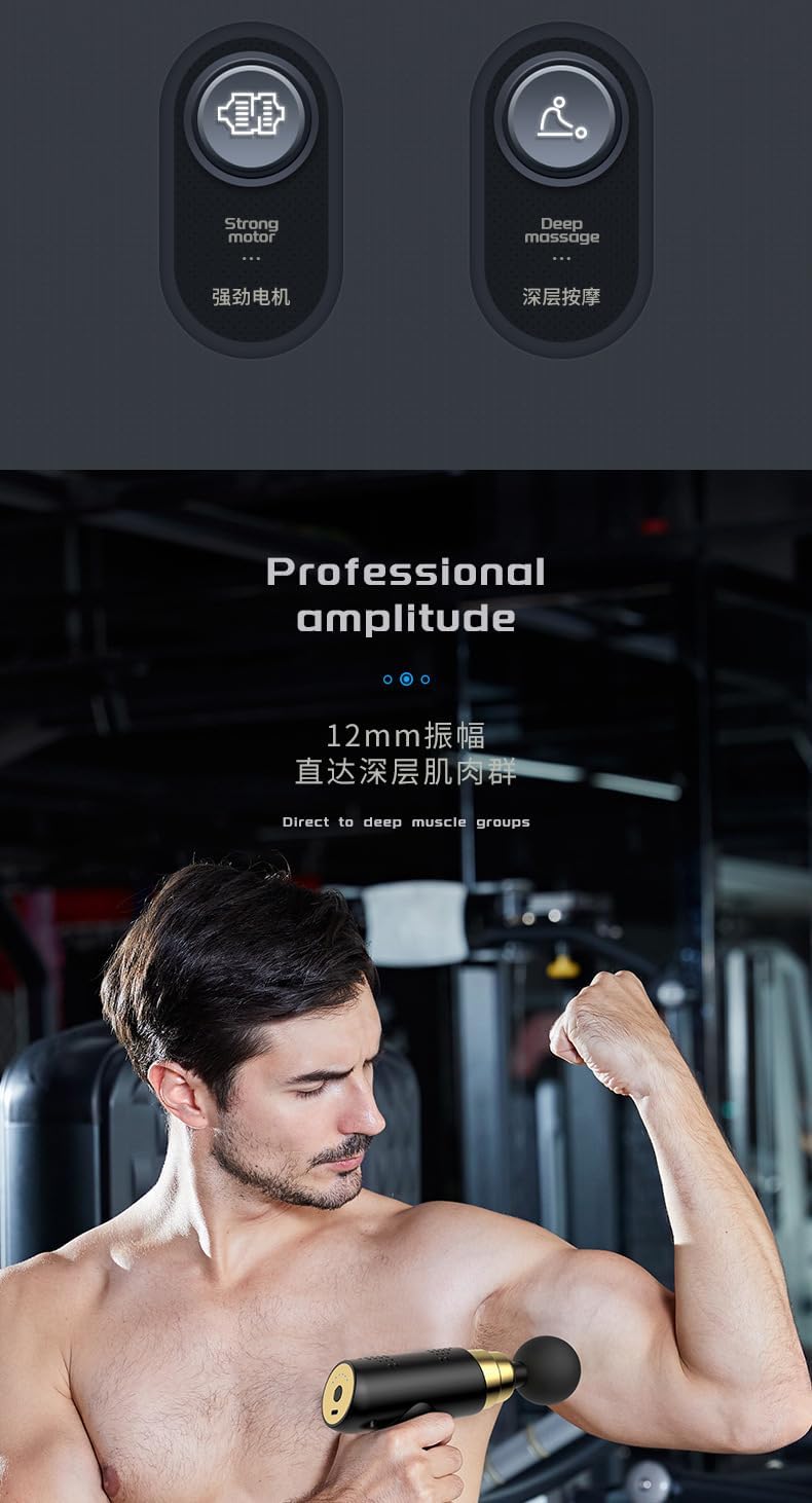 A man with a muscular arm using a black Mini Fascia Gun on his bicep, demonstrating its application for deep muscle massage.