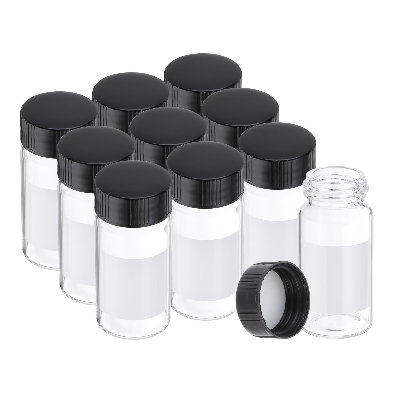 PATIKIL 10pcs 20ml Small Clear Glass Vials with Black Screw Cap, Borosilicate Glass Sample Bottles with Writing Label for Solid Liquid Powder Storage