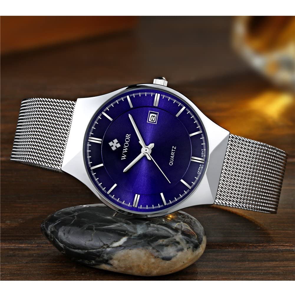 Reloj de Pulsera para Hombre, Ultra Fino, de Acero Inoxidable, Correa de Malla, Cuarzo, con Fecha, Resistente al Agua