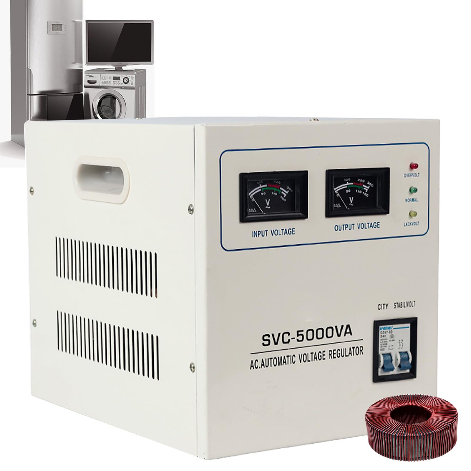 Stabilizzatore di Tensione Automatico, Stabilizzatore di Tensione Monofase Domestico per Carichi Pesanti, con Voltmetro A Puntatore, Uscita Stabile 110V/220V, per Computer, Frigoriferi,5000VA
