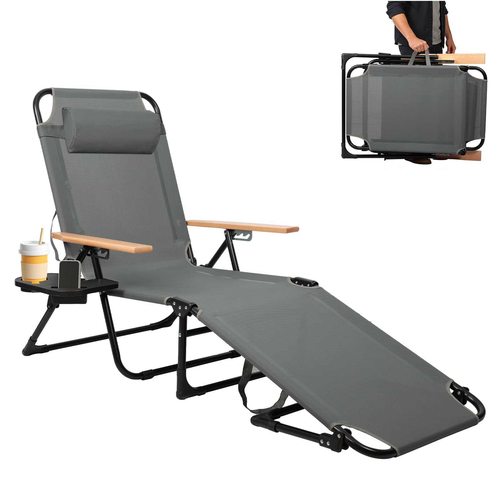 Sonnenliege Klappbar mit Kopfkissen, Gartenliege Wetterfest, Klappbare Strandliege Campingliege mit Holzarmlehnen, Liegestuhl für Balkon, Garten, Pool & Strand, bis 150kg (Grau)