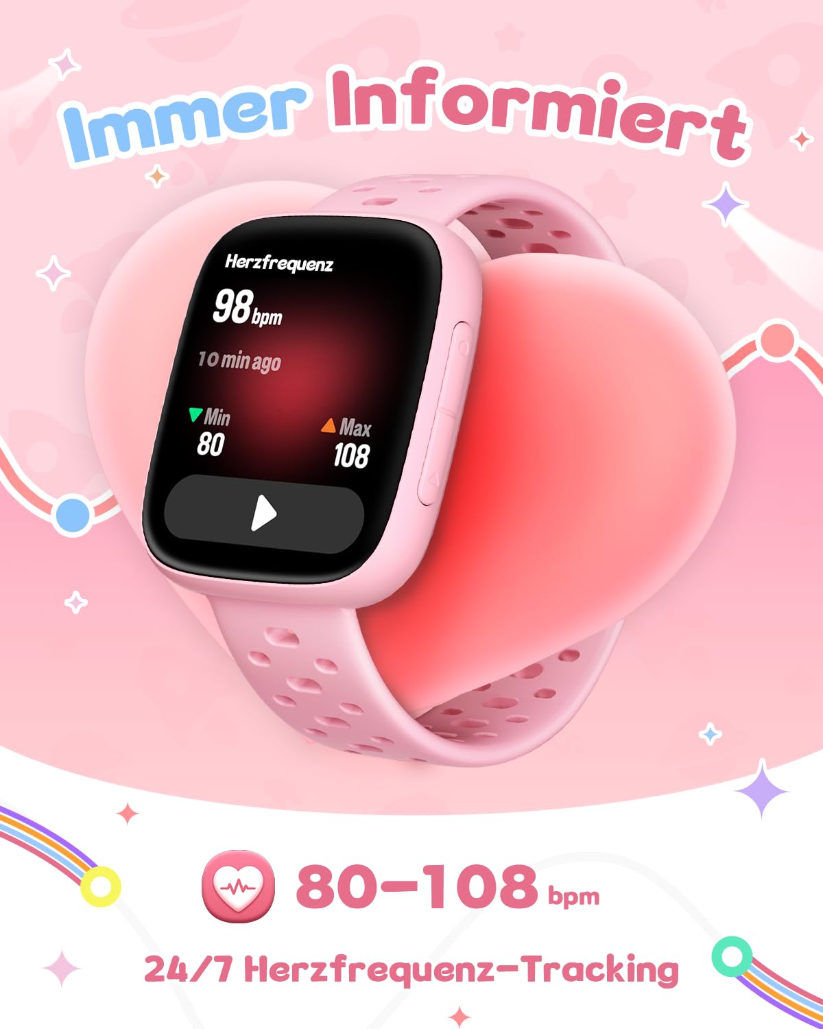 Smartwatch Kinder Ohne Handy/App nutzbar, 1,83" AMOLED Display Fitnessuhr mit IP68 wasserdicht, Schrittzähler, Herzfrequenz/Schlafmonitor, Wecker, Fitness Tracker für Mädchen 5-12