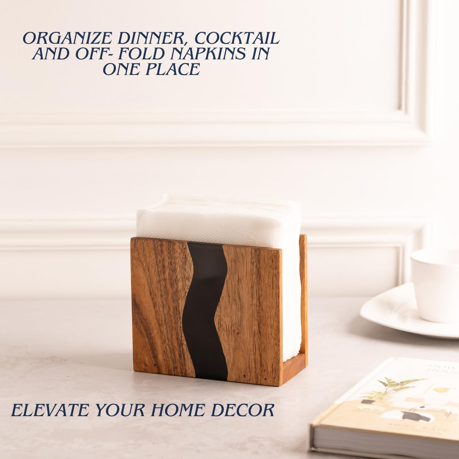 Acacia wood & Transparent Epoxy resin Napkin holder for table, Rustic farmhouse napkin organisation for kitchen, dining, counter tops, restaurant or outdoors | 6x5x2.5 inches|(Black)