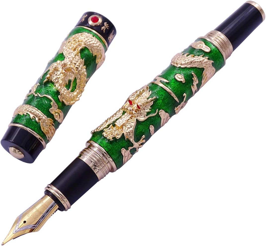 Jinhao Green Cloisonne Enamel Dragon Playing Pear Fountain pen, Medium Nib Signature & Collection Pens, Business Pen