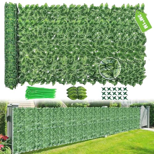 Artificial Ivy Fence Screening 3M X 1M Garden Screening with 100pcs Zip Ties Garden Screening Roll Ivy Trellis Screening Artificial Leaf Trellis Foliage Wall Panel UV Resistant