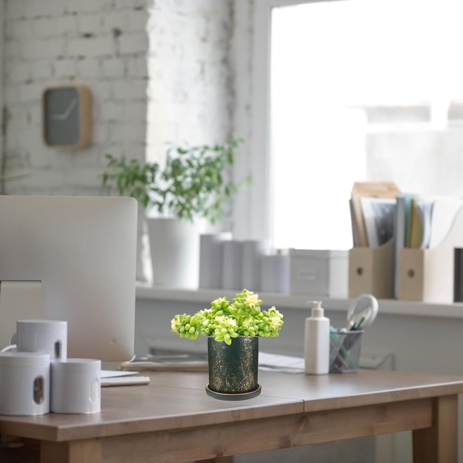 BESPORTBLE Ceramic Planter Pot with Tray for Succulent Plants, 17cm Green Flower Pot with Drainage Hole, Indoor and Outdoor Garden Bonsai Plant Container