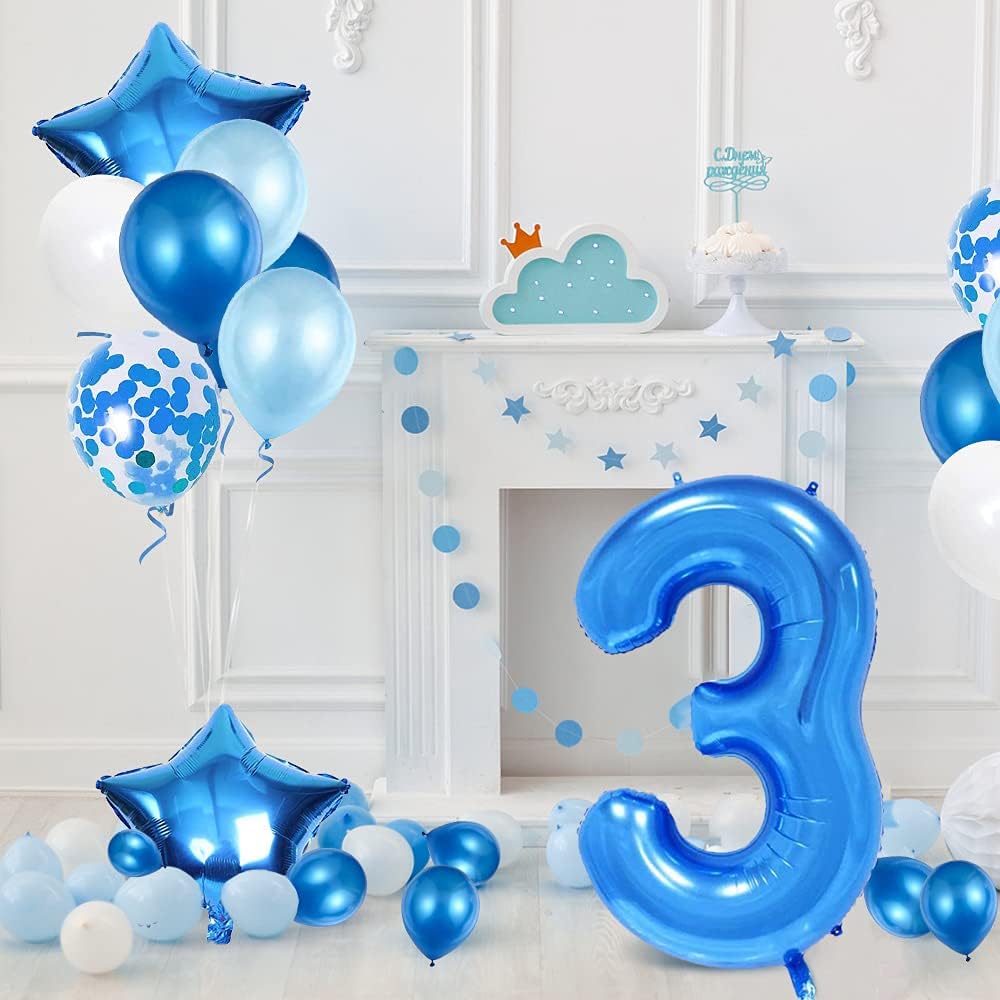 Unisun 3rd Baby Boy Birthday Decorations, White Blue Balloons Set Party Decoration with 40 Inch Blue 3 Number Balloon - Image 3