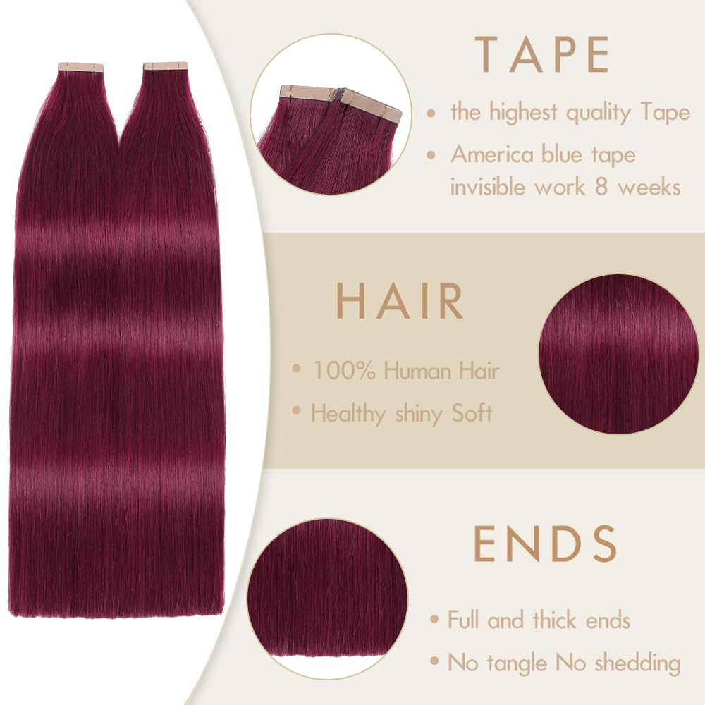 Hotlulana Extension Capelli Veri Biadesivo Rossi(#99J) Extension Capelli Veri 18Pollici 20pcs 45cm 40g Invisible Extension Biadesive Capelli Veri Remy Skin Weft Tape in Hair Extensions Human Hair.