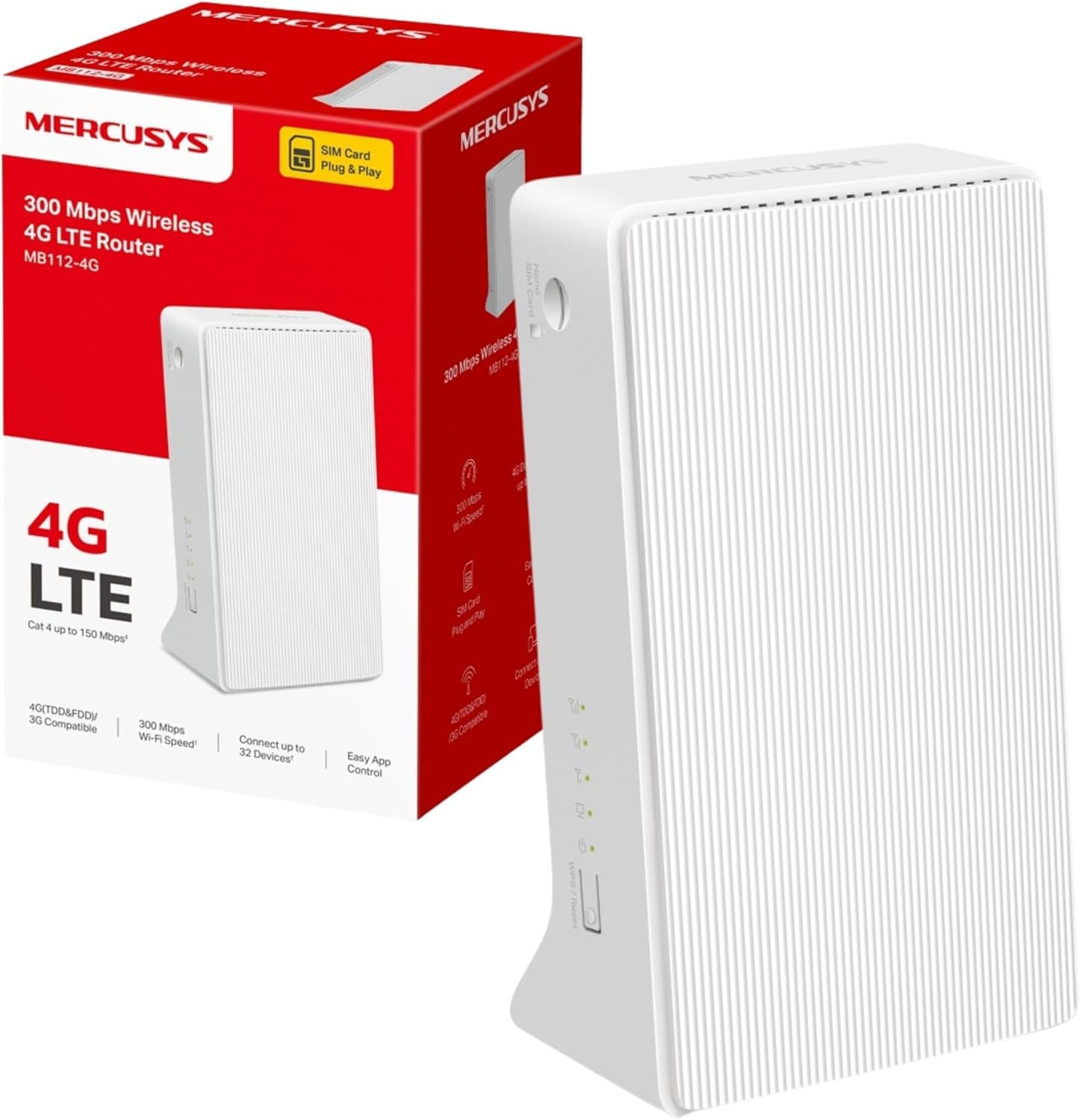 Mercusys 300Mbps Wireless N LTE 4G Router with Sim Slot Unlocked, Maximum Network Coverage, Supports Up to 32 Devices, Available WAN Connection Backup, Ideal for Vacation, Business meeting MB112-4G