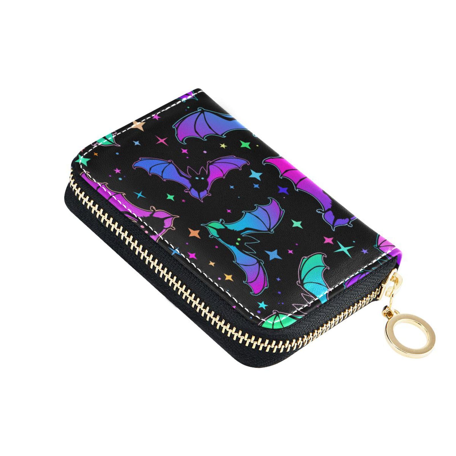 Sletend Colorful Bats RFID Credit Card Holder Leather With Zipper Card Case Wallet for Women Girls