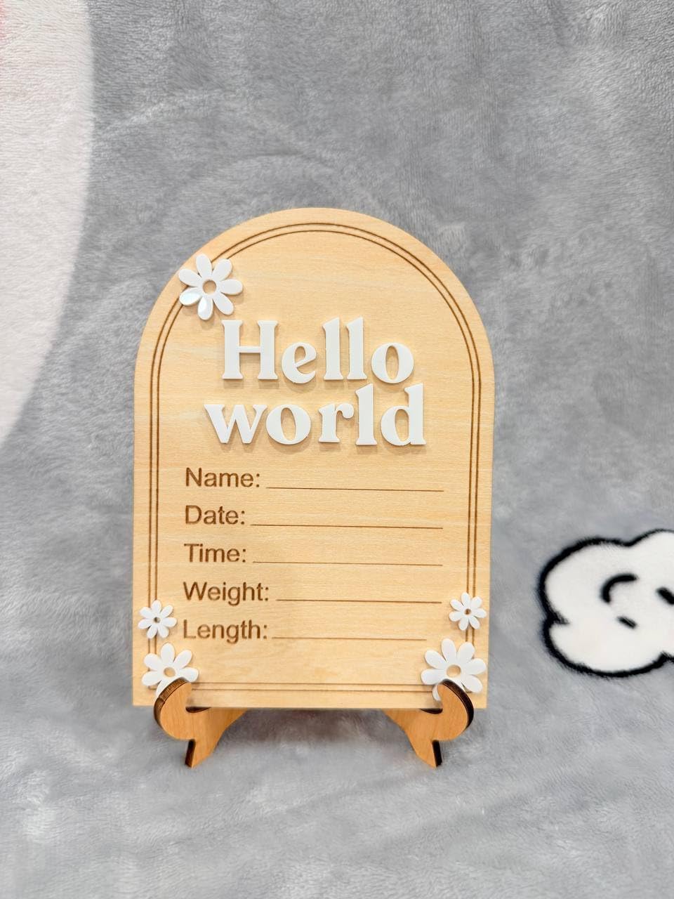 Arch Wooden Birth Announcement Sign with 3D Daisy Flowers - Hello World Name Date Weight Stat Plaque for Hospital - Newborn Baby Photo Prop Ornament - Nursery Wall Decor Keepsake Gift