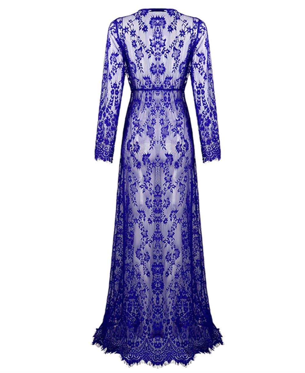 ZIUMUDY Sexy Deep V-Neck Long Sleeve Lace Beach See-Through Maternity Maxi Dress: X-Large Navy Blue