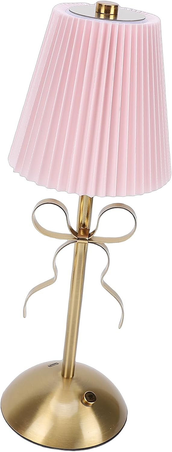Hyuduo Bow Table Lamp Rechargeable LED Desk Lamp with Fabric Shade 1800mAh Battery Adjustable Brightness & Dimmable Touch Control for Bedroom Living Room Nightstand Dorm (Pink)