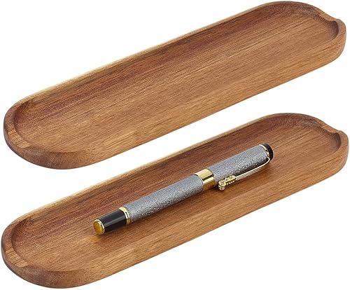 OLYCRAFT 2Pcs Wooden Pen Tray Brown Pens Tray Minimalist Pen Rest Oval Wooden Pens Trays Acacia Wood Pencil Trays Wood Desk Accessories for Home