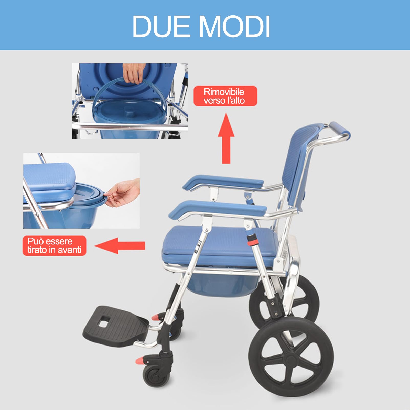 Sedia Doccia Disabili Con Ruote Sedia Comoda WC Smontabile Su 4 Ruote Sedia per WC Antiscivolo Carrozzina Da Toilette Sedia Comoda WC Imbottita Con Rotelle Vaso Rimovibile per Disabili