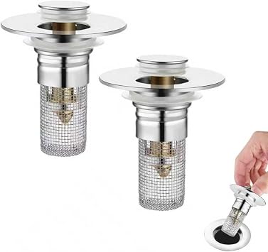2-Piece Stainless Steel Bathroom Sink Plugs, Bathtub Drain Stoppers, Pop-Up Sink Drain Strainer Features Removable Stainless Steel Strainer with Hair Catcher Compatible with American Sink strainers